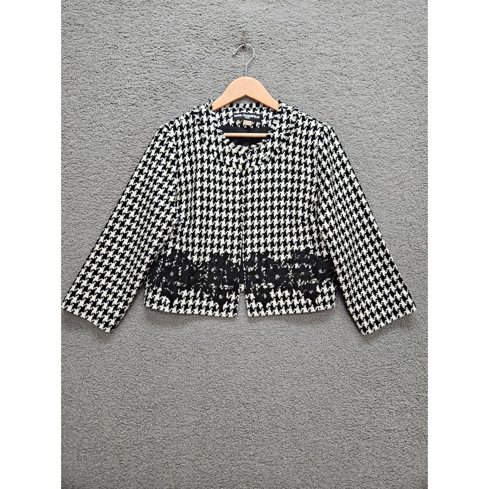 Karl Lagerfeld Houndstooth Jacket L Black White Lace Trim Cropped Tweed Style